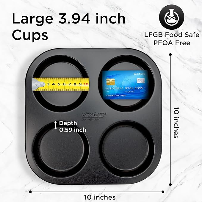Wrenbury Jumbo Whoopie Pie Pan 4 Cup - Large Muffin Top Pan Heavy Gauge Shallow Carbon Steel Baking Tray for Burger Buns Yorkshire Pudding Cornbread - PFOA Free Nonstick - Image 2