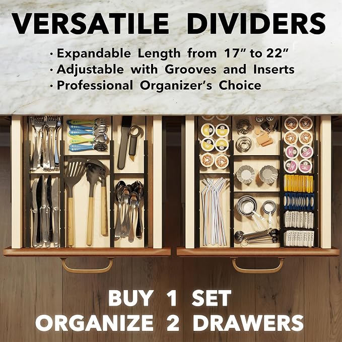 SpaceAid Bamboo Drawer Dividers with Inserts and Labels, Kitchen Adjustable Drawer Organizers, Expandable Organization for Home, Office, Dressers, 10 Dividers with 24 Inserts (17"-22" Black) - Image 5