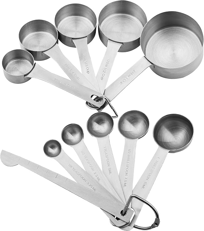 Stainless Steel Measuring Cups and Spoons Set, 18/8(304) Steel Material Heavy Duty 5 Measuring cups and 5 Measuring Spoons 1 Leveler and 2 rings Pack 13pcs Per set by Smithcraft