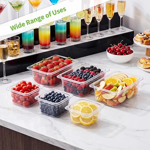 Sliner 10 Pack Plastic Clear Food Pans with Lids, Stackable and Freezer Safe Commercial Food Storage Containers for Fridge Salad Polycarbonate(4" 1/3+1/6 Set) - Image 5