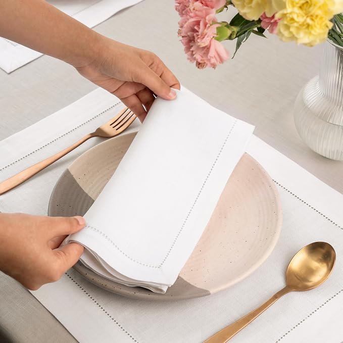 Signature Linen™ by D'Moksha White Dinner Napkins Set of 8, 20 x 20 Inch Cloth Napkins, 100% Pure Linen, Hemstitch, Machine Washable Table Napkins- Summer, Weddings, Outdoor hostings - Image 2