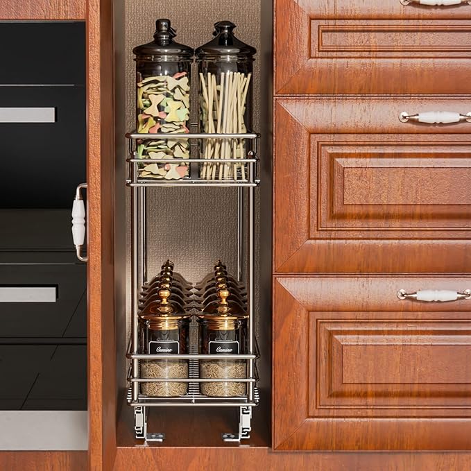 ROOMTEC Pull Out Cabinet Organizer for Narrow Cabinet (5" W X 21" D), Kitchen Cabinet Organizer and Storage 2-Tier Cabinet Pull Out Shelves Under Cabinet Storage for Kitchen, Chrome - Image 3