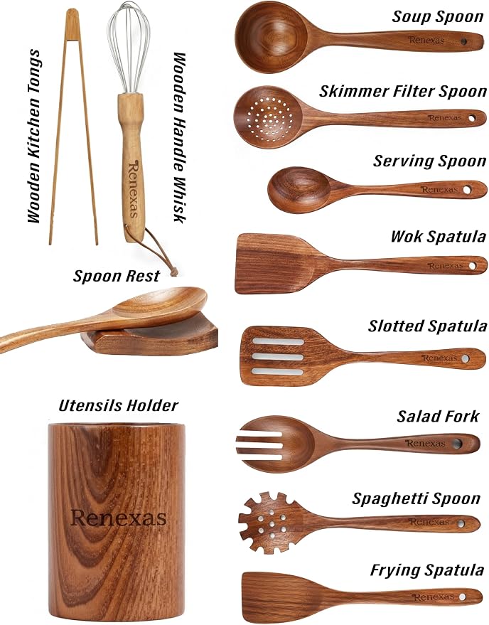 Kitchen Utensils Set, 12 Piece Teak Wooden Utensil Set for Cooking, Premium Teak Cooking Utensils, Non Toxic Wooden Spoons & Spatulas, Heat Resistant Kitchen Tools for Nonstick Cookware - Image 3