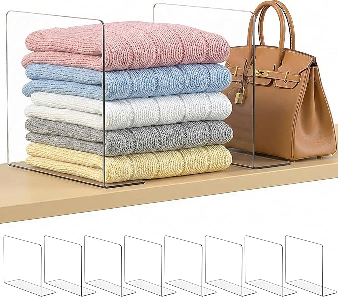 SortNStore Shelf Dividers for Closet Organization: 10" Tall x 12" Deep | Adhesive Separators Features Acrylic Material and Provides Storage for Clothes and Purses in Bedroom Cabinets(8-Pack) by SortNStore