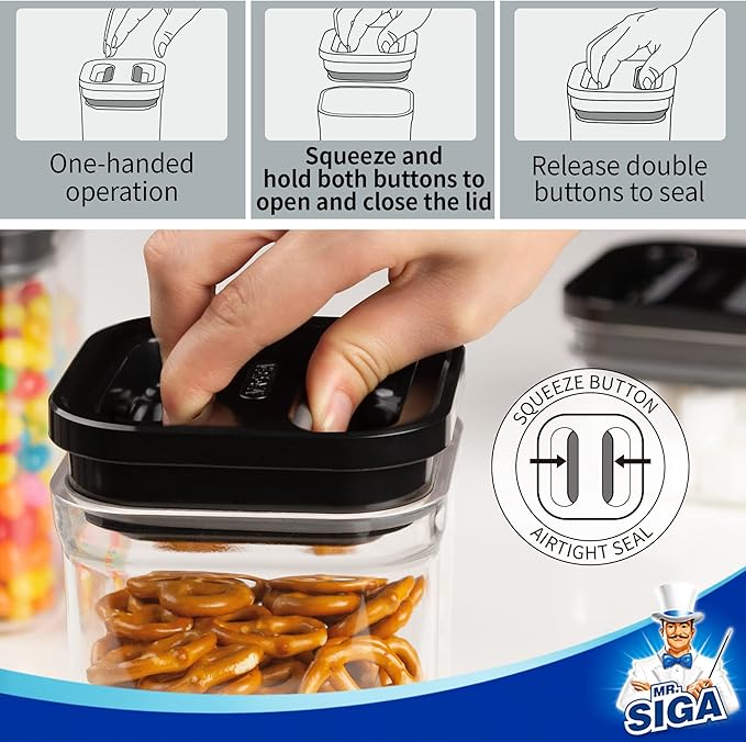 MR.SIGA 6 Piece Airtight Food Storage Container Set for Pantry Organization | BPA Free, stackable, one-handed kitchen storage containers for cereals, spaghetti, pasta, black - Image 3