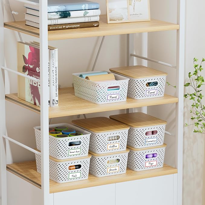 Anysig 8 Pack Plastic Storage Bins with Bamboo Lids, 5.2 QT Stackable Bins | Decorative Small Storage Basket Containers for Organizing Shelves Office Classroom Desktop Closet, Cream White - Image 7