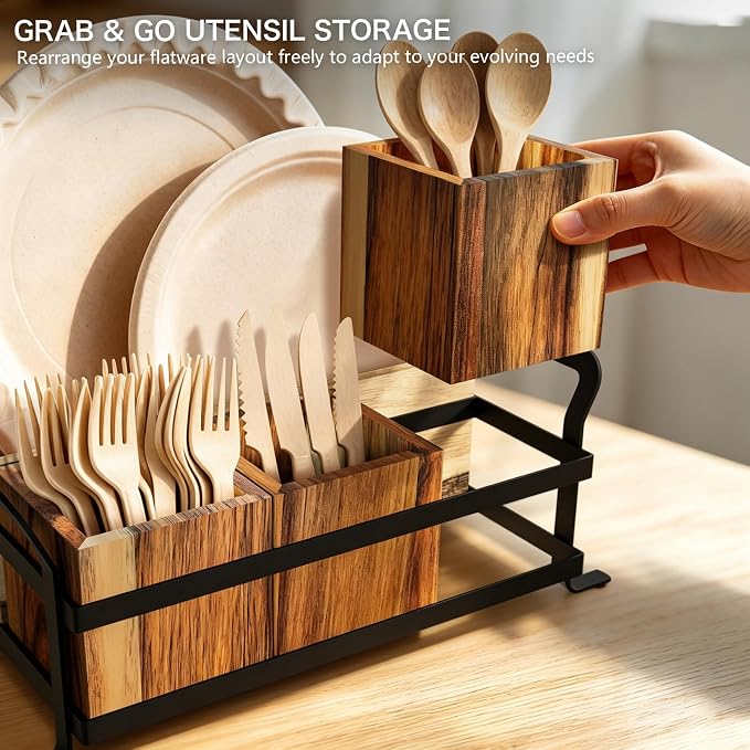 Acacia Wood Silverware Caddy for Party, 4 Compartment | Rustic Wooden Utensil Caddy with Metal Handles, Countertop Cutlery Flatware Organizer Box for Forks, Spoons, Buffet Table - Image 5
