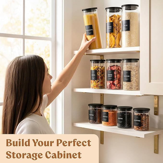 Glass Storage Containers with Black Lids [Extra Thick Glas] with 54 Labels - Canister For Pantry Noodles Flour Cereal Rice Sugar Tea Coffee Beans - Round Set of 5x - Image 10