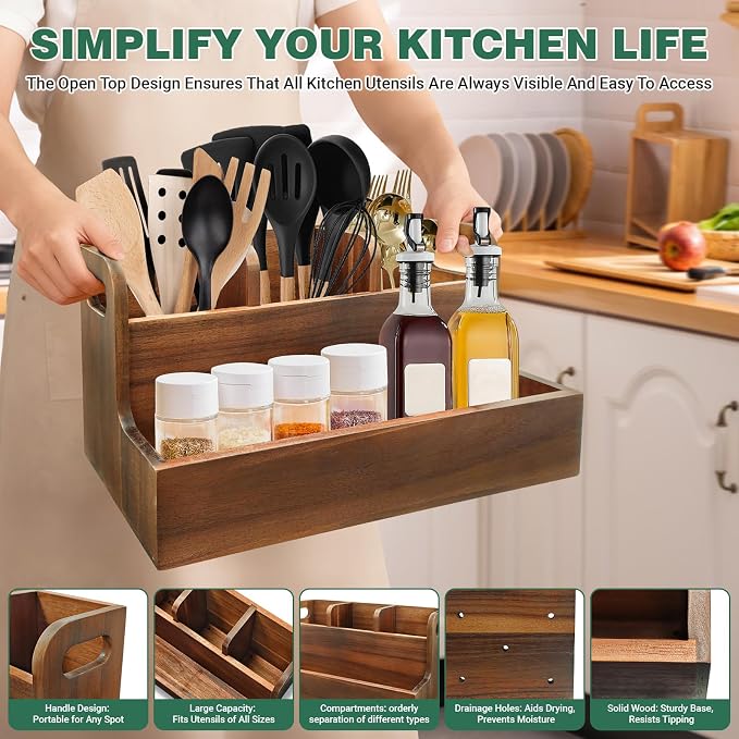Kitchen Utensil Holder for Countertop with 4 Compartments Acacia Large Utensil Holder Wooden Storage for Cooking,Baking,Flatware Tool Kitchen Utensil Organizer - Image 4