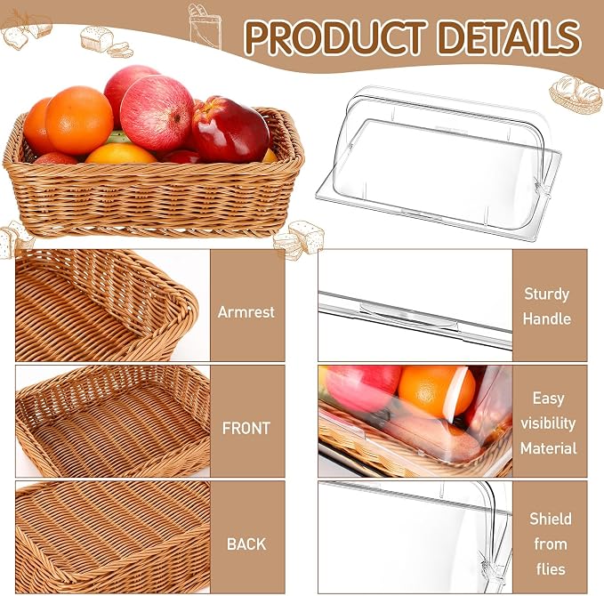 2 Pack Imitation Rattan Plastic Bread Basket, with Acrylic Lid and Metal Display Stand Rectangle Woven Fruit Basket for Food Display Tabletop, 13.78 x 9.84'' (Flip Top Food Cover) - Image 3