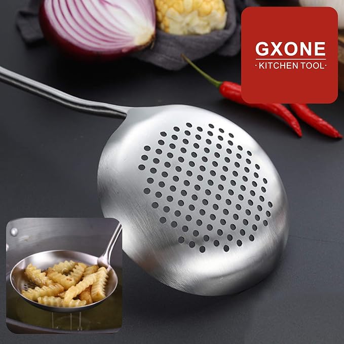 Slotted Spoon,Strainer Skimmer Ladle for Cooking and Frying,15.8Inch | 304 Stainless Steel,Wooden handle,Strainer Skimmer Ladle,Strainer Pasta Spoon,For Kitchen Cooking - Image 5