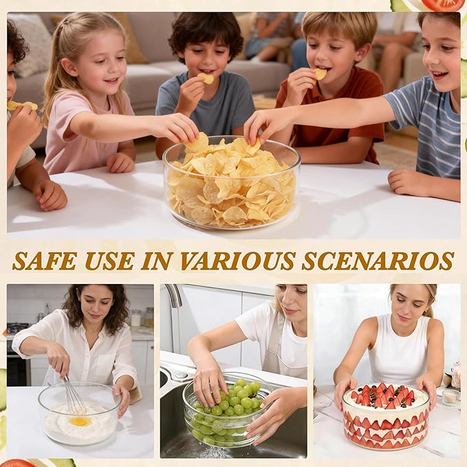 Glass Salad Bowl with Lid, 9.8" Large Glass Mixing Bowls with Acacia Wood Lids Set & Serving Utensils, 200oz Trifle and Serving Bowl for Salads, Fruit, Pasta, Dessert, Popcorn, Microwave Safe - Image 6
