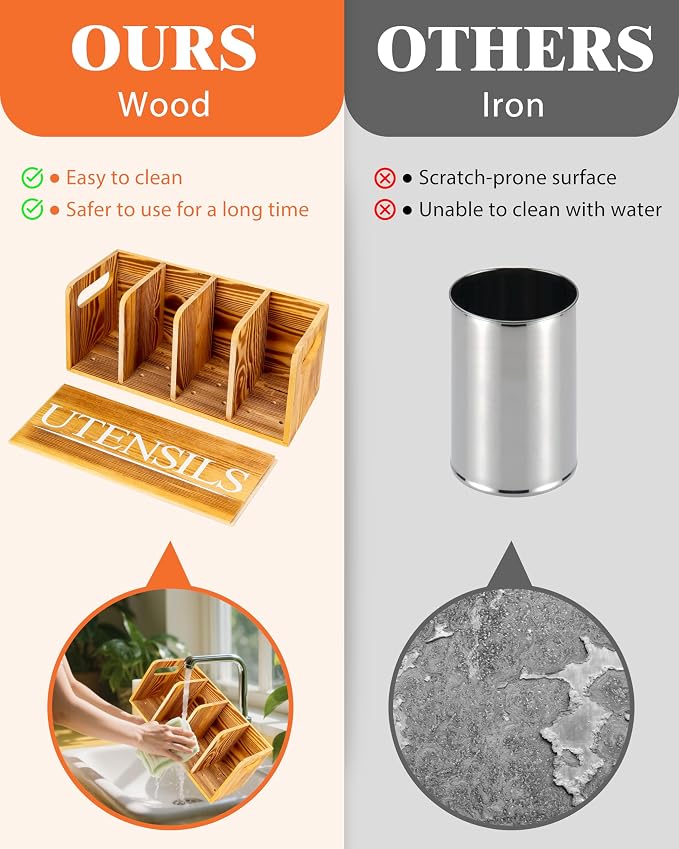Kitchen Utensil Holder for Kitchen Counter Large Wooden Organizer for Cooking Utensils Utensil Holder Counter Farmhouse Décor (Farmhouse Wooden) - Image 3