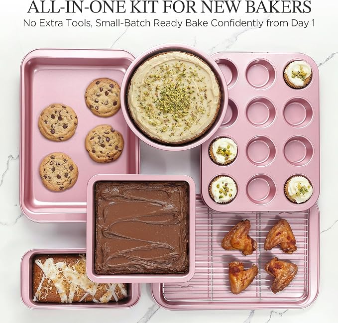 KITESSENSU Baking Pans Sets, Nonstick Bakeware Sets 19-Piece with Round/Square Cake Pan, Loaf Pan, Muffin Pan, Cookie Sheet, Roast Pan, Cooling Rack, Carbon Steel Bake Set Pink - Image 6