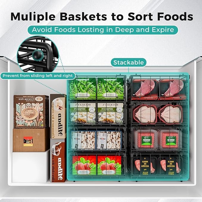 OPENICE Expandable Freezer Organizer Bins for Deep Freezer (4 PCS, Black) | Stackable Bins for Chest Freezer Organization | with 5 Tags for Efficient Classification | Fits 10 to 20 Cu.Ft Freezer - Image 4