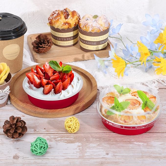 Beasea Disposable Mini Pie Tins with Lids, 50 Pack 4” 8oz Bright Red Aluminum Baking Foil Tins Small Round Tart Container for Individual Dessert Cupcake Muffin Cheesecake Ramekin Quiche Oven Dishes - Image 4