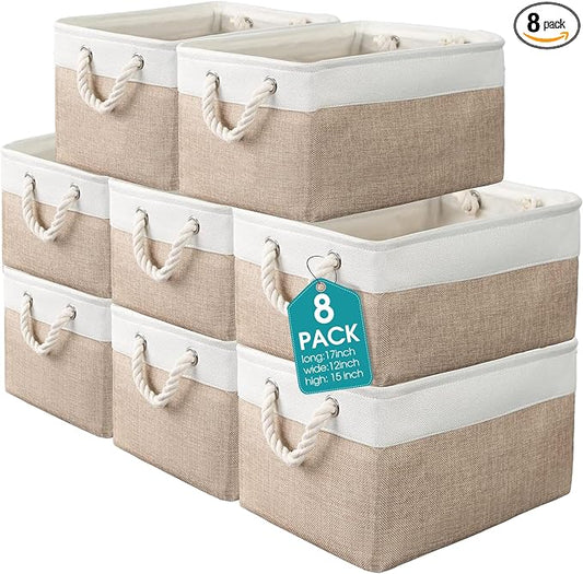 meekoo 8 Pack Collapsible Storage Bins Fabric Storage Bins Polyester Fabric Baskets with Handles Linen Closet Organizer for Shelf Home Closet Towels Toys(17 x 12 x 15 in,Beige) by meekoo