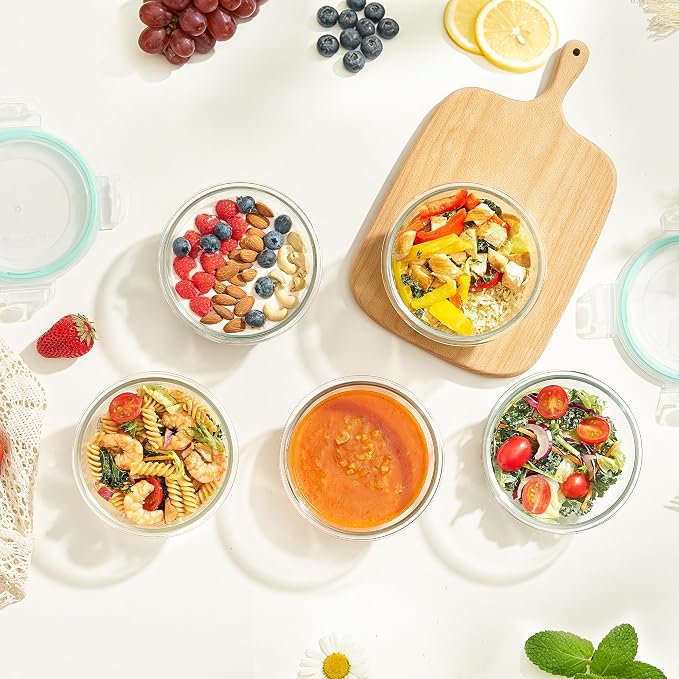 Vtopmart 5Pack 22oz Glass Storage Containers with Lids, Green, Round | Glass Meal Prep Food Container Sets, Snap Airtight Lid, For Microwave, Oven, Freezer and Dishwasher, BPA Free - Image 5