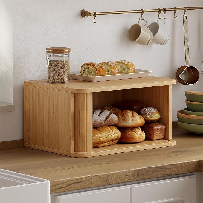 WOWLIVE Roll Top Bread Box for Kitchen Countertop, Bamboo Bread Storage | Airtight Bread Containers, Large Bread Bin with Sliding Door for Loaves, Bagels, Countertop Storage Cabinet, Natural, Medium - Image 2