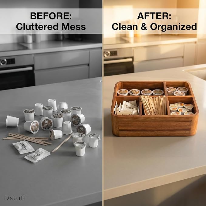 Dstuff Acacia Wood Coffee Station Organizer for Countertop, Tea Organizer and Holder, Coffee Bar Caddy with Multiple Compartments for Home and Office Decor - Image 4