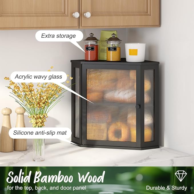 Corner Bread Box, Large Bamboo Bread Box for Kitchen Countertop, 2 Tier Wooden Bread Storage, Black - Image 6