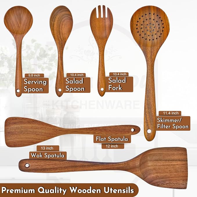 DADU BADU 6 Piece Teak Wood Utensil Set Non Toxic, Handmade Cooking Spoons & Spatulas for Nonstick Cookware Includes Wok Spatula, Skimmer & Salad Set Heat Resistant Kitchen Utensil Gift Set - Image 3