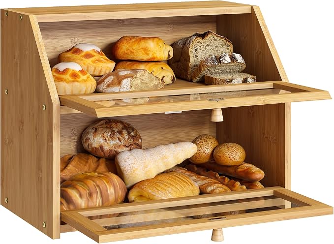 BMOSU Farmhouse Bread Box for Kitchen Countertop Bread box Double Layer Bamboo Wooden Extra Large Capacity Bin Kitchen Food Storage Container(Natural) - Image 8