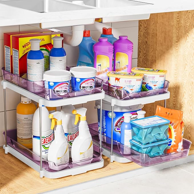 Delamu 2-Tier Multi-Purpose Bathroom Under Sink Organizers and Storage, Stackable Kitchen Pantry Organization, Pull Out Medicine Cabinet Organizer with Movable Dividers, Purple, 2 Pack - Image 5