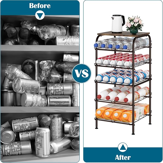 smusei Water Bottle Organizer 5 Tier Free Standing Water Bottle Holder Rack Large Capacity Bottled Water Storage Rack Metal Soda Can Beverage Drink Stand Shelf for Kitchen Pantry Office, Brown - Image 4