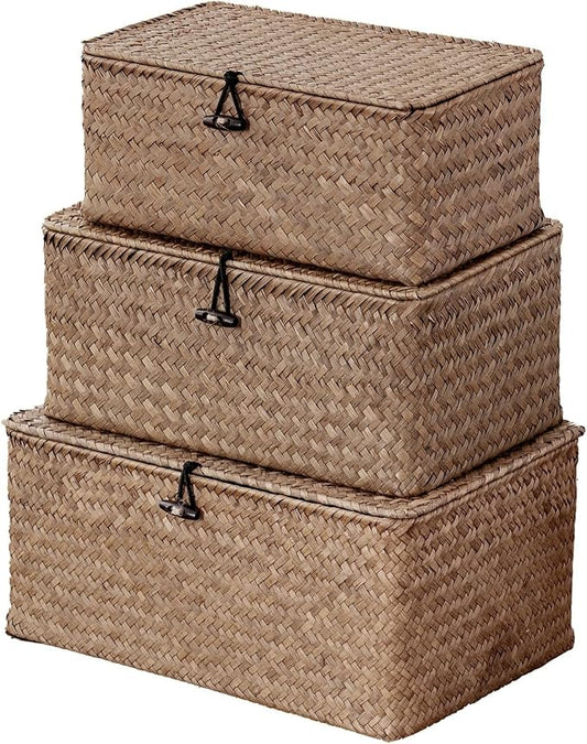Nonam Seagrass Storage Baskets with Lid Set of 3,Wicker Basket Storage Bin for Shelves,Rectangular,Boho Decor,Handwoven Shelf Basket for Organizing-Storage Container Box for Home Organization-Coffee by Unknown