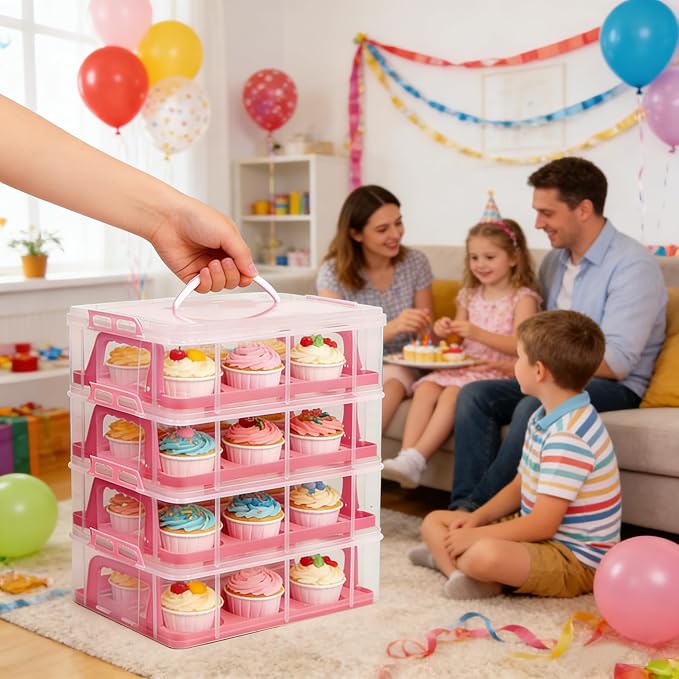 Cupcake Carrier Stackable Storage Container Collapsible Cake Carrier with Lid and Handle, with 50 PCS Cupcake liners,Reusable Plastic Dessert Travel Container,Transport Box (48 Cupcakes Pink) - Image 5