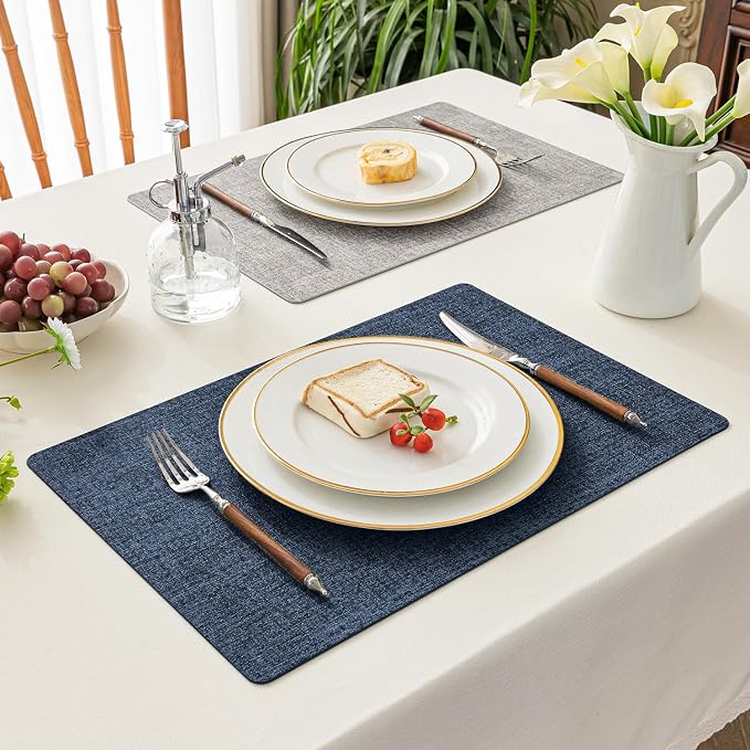 Romanstile Vinyl Placemats Set of 4, Reversible Faux Leather Heat Resistant Wipeable Table Mats, Waterproof Washable Non-Slip Table Placemats for Dining/Kitchen/Outdoor (Grey Nave Blue, 12" x 17") - Image 7