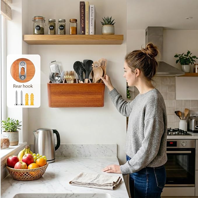 Kitchen Utensil Holder for Counter and Countertop, Acacia Utensil Organizer with 3 Pcs Wooden Spoon Set, Large Drying Holder for Kitchen, 4-Compartment Storage for Cooking Utensils, Kitchen Decor - Image 4