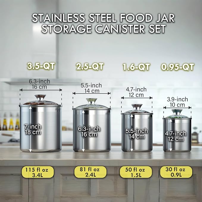 Cooks Standard Airtight Kitchen Canister Set for Coffee, Flour & Sugar Storage – Stainless Steel Food Storage Containers with Glass Lid – Pantry Organization Jars, 4 Pack - Image 4