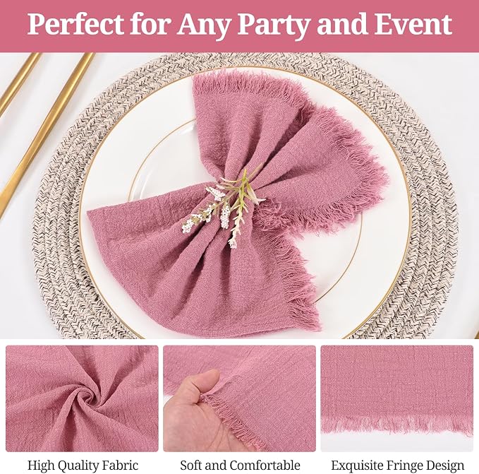 50 Pack Dusty Rose Cloth Napkins, 16 x 16 Inch Cotton with Fringe Settings | Handmade washable reusable cotton dinner napkins in bulk for weddings, parties, rustic boho table settings - Image 5