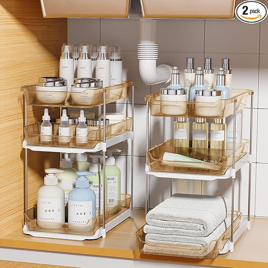 Delamu 2 Pack 3-Tier Bathroom Under Sink Organizers and Storage, Multi-Purpose Stackable Pantry Organization and Storage, Pull Out Clear Kitchen Bathroom Cabinet Organizer with Movable Dividers, Amber by DELAMU