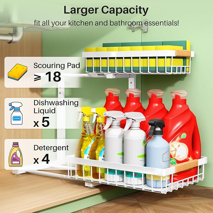 Kitstorack Under Sink Organizer, 2 Tier Under the Sink Storage, Slide out Pull out Cabinet Organizer Shelf, Metal Sliding Drawer for Kitchen Bathroom Pantry Closet Organization Rack, White, 2 Pack - Image 3