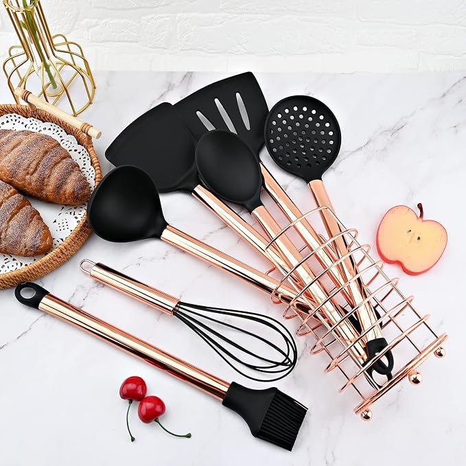 Non-stick Silicone Cooking Utensil Set with Holder, 16pcs Kitchen Utensils Set Heat Resistant Cookware Copper Stainless Steel Handle Cooking Tools Turner Tongs Spatula Spoon - Black&Rose Gold - Image 2