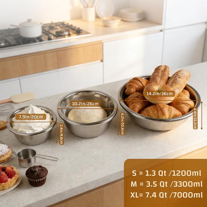 3-Piece Metal Mixing Bowl Set, Stainless Steel, Nesting | 1.3, 3.5 and 7.4 qt sizes with wide rolled rims, flat bases and deep bowls for baking, dough and salad prep - Image 6