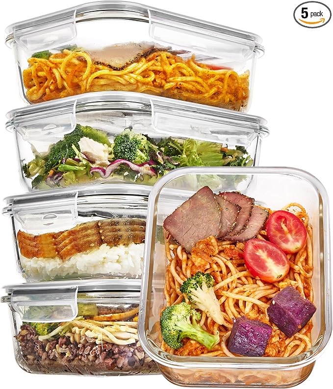 Vtopmart 5 Pack 35oz Glass Food Storage Containers with Lids, Grey | Meal Prep Containers, Airtight Reusable Lunch Container Set, Safe for Oven, Microwave, Freezer, and Dishwasher, BPA Free by Vtopmart