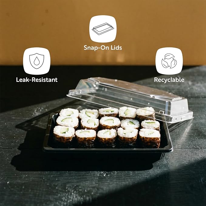 Restaurantware Plastic Sushi Trays 100 Pack of 6.5 x 4.33 x 1.57 Inch With Clear Lids Leak-Resistant Sushi Take Out Boxes Stackable Containers For Grab-And-Go - Image 4