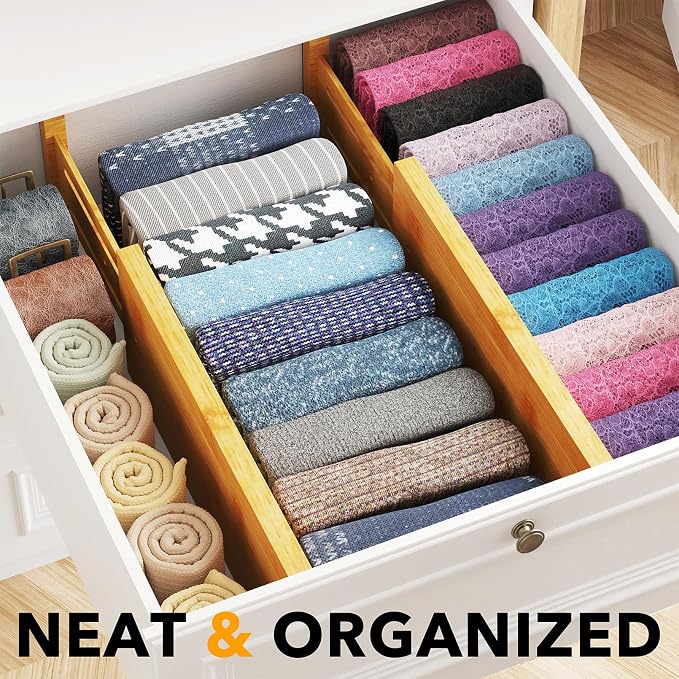 SpaceAid Bamboo 4 Pack Dresser Drawer Dividers, 4.65“ High Adjustable 12.5“-17” Drawer Organizers, Expandable Organization for Clothing, Clothes, Dressers, Natural - Image 2