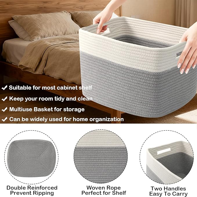 3 Pack Woven Baskets,Storage Baskets for Shelves with Handles | 13.5"×11"×9.5", Closet Baskets, Nursery Organizer for Toys Towels Books, Storage Bin for Living Room Bedroom (White & Grey) - Image 3
