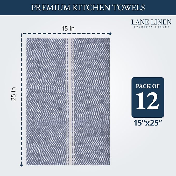 LANE LINEN Kitchen Towels Set - 100% Pure Cotton Dish Towels for Kitchen, Super Absorbent Kitchen Hand Towel, Blue Tea Towels, Soft & Durable Dish Cloths, Pack of 12 – 15”x25”, Blue Chambray - Image 2