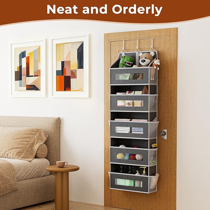 3 Pack 5 Tier Over The Door Organizer - Large Capacity Behind Door Hanging Shelves with 10 Mesh Pockets and Clear Windows, Closet Organizers and Storage for Bathroom, Bedroom, Nursery, Grey - Image 5