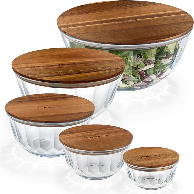 Large Stackable Set of 5 Nesting Glass Bowls with Acacia Lids for Foodprep, Storage, Baking, Sourdough Mixing & Cooking. Microwave & Oven Safe Heat Resistant Inert Borosilicate Glass - Image 9