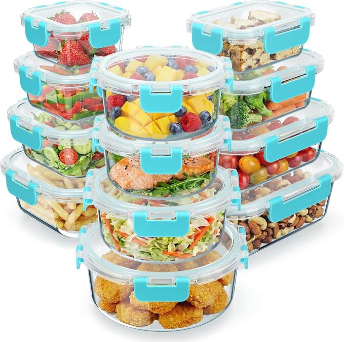 Emporio Kitchen Borosilicate Glass Food Storage Containers with Lids 24 Pieces, BPA-Free Stackable Lunch & Leftover Containers, Microwave, Freezer & Dishwasher Safe, 100% Airtight Leak-Proof, Aqua by Unknown