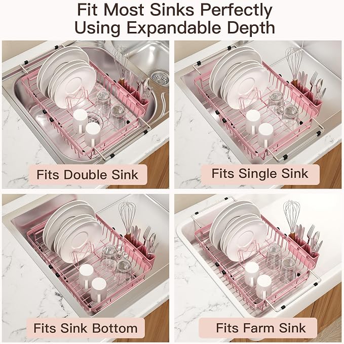 Pink Dish Drying Rack Over The Sink with Utensil Holder | Expandable Stainless Steel Dish Drainer for Small Kitchen, Apartment, RV, Counter Space Saving, Perfect Fit, Rustproof - Image 4