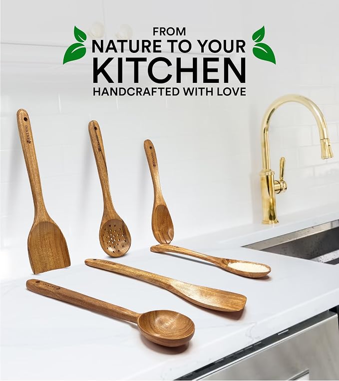Zalvio 6-Piece Acacia Wood Cooking Utensil Set – Handmade Wooden Spoons & Spatulas | Heat-Resistant, Nonstick, Eco-Friendly Kitchen Tools - Image 4