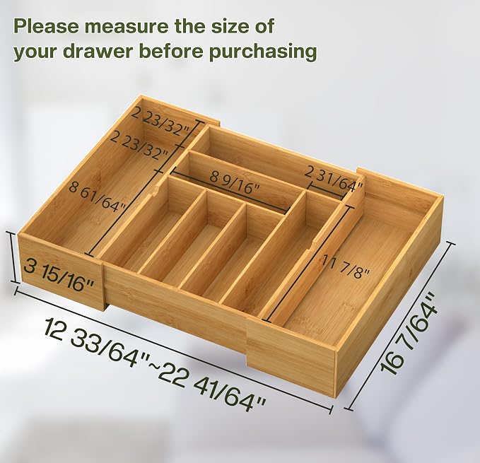BAMEOS 3.9inch Tall Bamboo Drawer Organizer, Expandable Utensil Holder with 8 Compartments, Adjustable Kitchen Drawer Divider for Flatware, Silverware and Gadgets, Deep Storage for Home and Office - Image 3